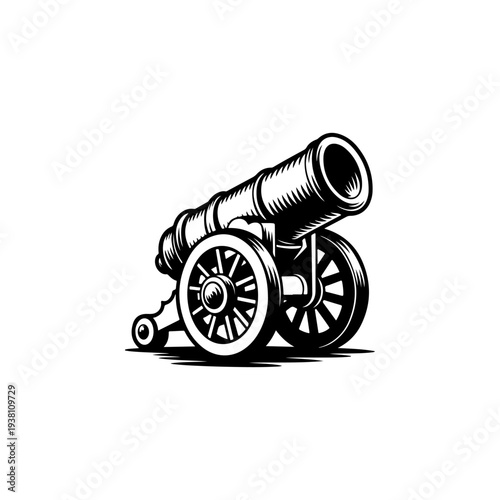 A black and white vector illustration of a vintage heavy cannon on a wheeled carriage. This classic artillery silhouette is ideal for historical logos and museum signs.