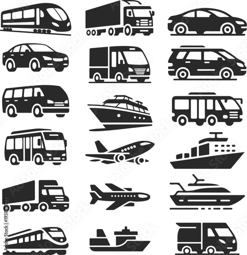 A comprehensive set of black and white vector icons representing various modes of transport, including cars, trucks, buses, trains, planes, and ships for logistics design.