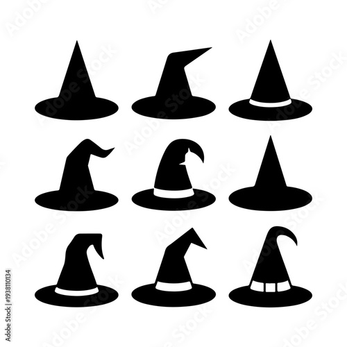 A black and white vector set of nine various witch hat silhouettes. These minimalist graphic elements are perfect for Halloween designs, magic-themed icons, and branding.