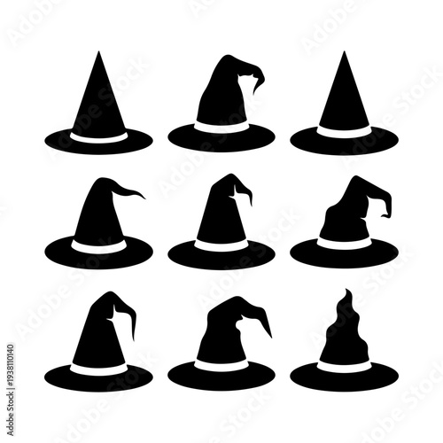 A black and white vector set of nine various witch hat silhouettes. These minimalist graphic elements are perfect for Halloween designs, magic-themed icons, and branding.
