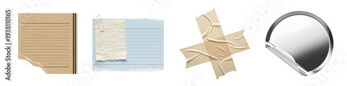 Vintage Lined Memo and Blue Grid Paper Set PNG. White Paperclip on Ripped Note, Masking Tape Cross and Round Silver Sticker, Transparent Background