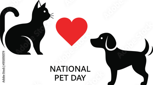 A heartwarming silhouette illustration featuring a black cat and dog with a red heart, symbolizing love and companionship for National Pet Day.