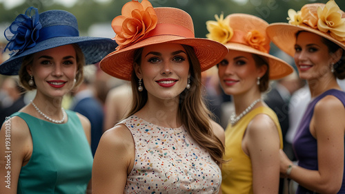 Stylish women wear large colorful hats at an outdoor event in the afternoon Generative AI