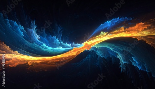 Swirling abstract fractal art features vivid blue and gold hues against a deep dark background