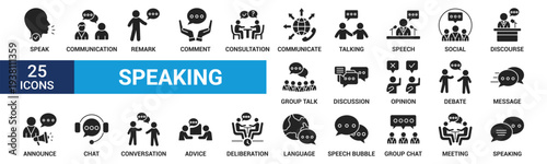 Speaking icon set. Communication icons collection. Containing discussion, speech bubble, talking, consultation and conversation. Glyph icon set. Vector illustration.