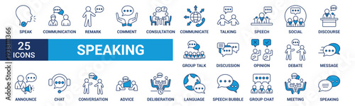 Speaking icon set. Communication icons collection. Containing discussion, speech bubble, talking, consultation and conversation. Blue icon set. Vector illustration.