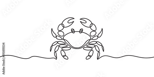 Crab standing sideways one line art drawing on white background