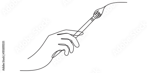 Hand holding paintbrush, creating art, minimalist line drawing, artistic gesture