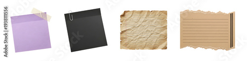 Purple Sticky Note and Translucent Black Memo Set PNG. Paperclip on Grey Note, Crumpled Vintage Page and Ripped Lined Kraft Paper, Transparent Background