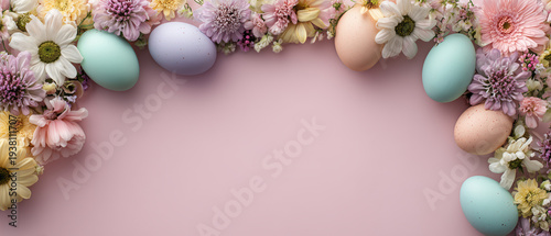 Floral frame with pastel easter eggs on pink background copy space