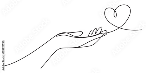 Minimalist line drawing of hand holding heart symbol