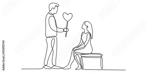 Man proposing to woman with heart shaped balloon, romantic gesture, couple in love, simple line art