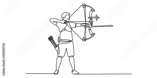 Man aiming bow and arrow, athletic stance, focused, outdoor recreation