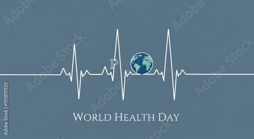World health day global health awareness illustration with ecg heartbeat line and earth