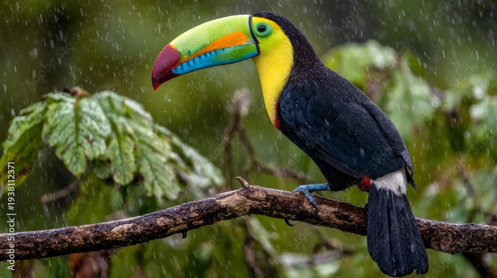 Fototapeta premium Toucan bird perched on branch in tropical cloud forest with foliage, nature, wildlife, jungle, forest, beak, feathers and colorful plumage. Exotic avian resting in lush green habitat under cloudy sky