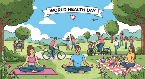 People practicing yoga and relaxing in a serene park on world health day surrounded by nature and greenery