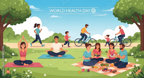 People practicing yoga and exercising outdoors on world health day in a park with green trees and a blue sky