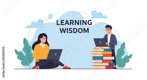 Two people using laptops with stack of books and learning wisdom text