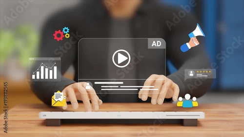 Advertising Strategy for Digital Campaigns, Audience Targeting, Brand Promotion, Conversion Optimization, ROI and Media Planning. Entrepreneur Creating Ads Strategy on Virtual Screen. 3D Video