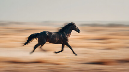 Black Horse Galloping Across Arid Landscape