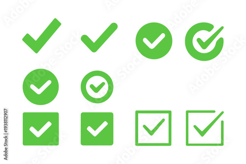 Green Check Mark Icons Set – Tick, Approved, Verified Checkbox Symbols Vector Collection