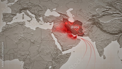 Map depicting airstrikes on Iran and retaliatory Iranian strikes on neighboring countries hosting US bases. Visualizing escalating conflict and military tensions in the Middle East
