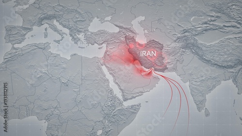 Map depicting airstrikes on Iran and retaliatory Iranian strikes on neighboring countries hosting US bases. Visualizing escalating conflict and military tensions in the Middle East

