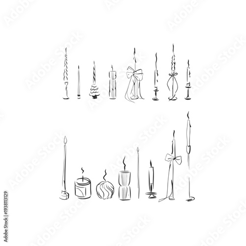 Hand drawn abstract vector graphic illustrations collection with line celebration decoration design set with candles.Trendy modern candles with bow sketch concept.Vector celebration sketch symbol.