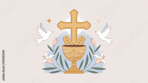 Golden chalice with cross and doves symbolizing faith and spirituality in a sacred context