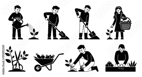 Gardening  Farming Activities Black and White Glyph Icons Set