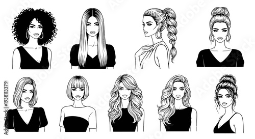 Women's Hairstyles Black  White Line Art Vector Set for Beauty and Fashion