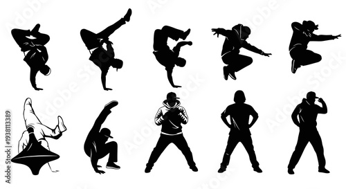 Urban Hip-Hop Breakdancers Silhouettes Vector Set: Dynamic Dance Poses Collection