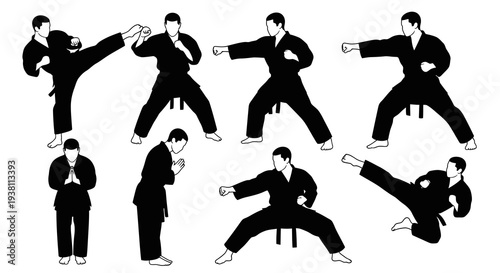 Dynamic Karate Martial Arts Poses Vector Silhouette Set - Sport and Self-Defense Training