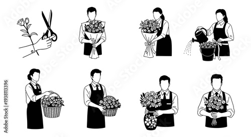 Black and White Line Art Icons of Florist and Flower Shop Professionals Working with Bouquets
