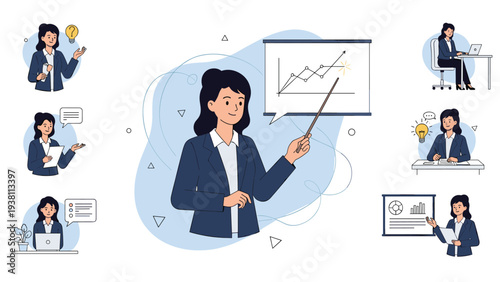 Professional businesswoman presenting financial growth charts and data in a set of various office and business activities.