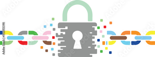 colorful padlock breaking free from chain links with colorful pieces flying apart