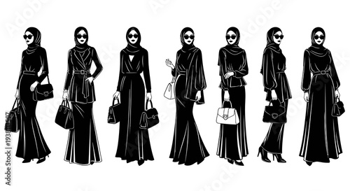 Fashionable Hijab Women Black and White Line Art Collection