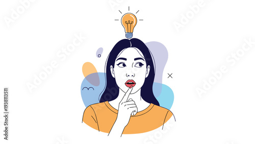 Thoughtful young woman looking up at a glowing lightbulb above her head representing a new creative idea and discovery.