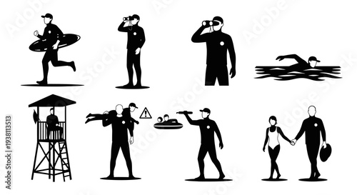 Lifeguard Icons: Beach Safety, Rescue, and Vigilance - Black  White Vector