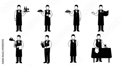 Black and White Glyph Icons of Waiters Serving Food and Drinks