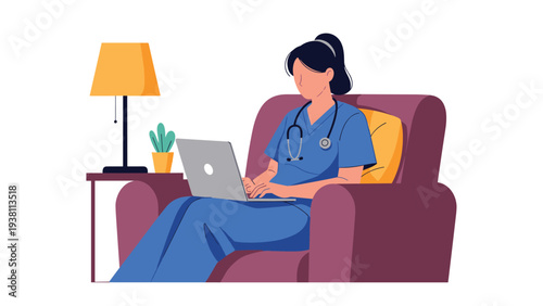 Female nurse in a blue uniform and stethoscope works diligently on her laptop while sitting in a comfortable armchair at home.
