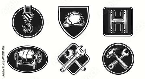 Construction Industry Icons: Crane, Hard Hat, Letter H, Cement Mixer, Tools