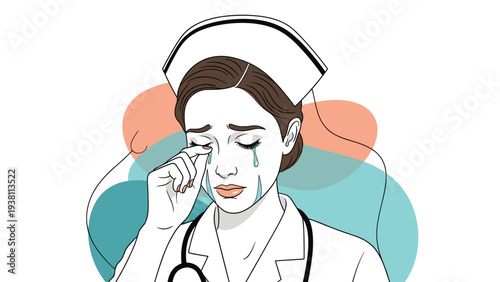 Young female nurse in white uniform cries while wiping tears from her eyes, expressing deep sadness or professional stress.
