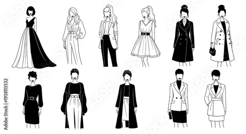 Black and White Fashion Line Art of Women's Outfits
