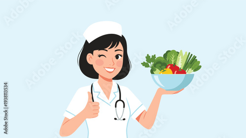 Cheerful female nurse wearing a stethoscope winks and gives a thumbs up while holding a bowl of fresh healthy vegetables.