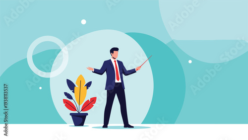 Professional businessman in a suit uses a pointer stick to explain data during a corporate presentation or team meeting.