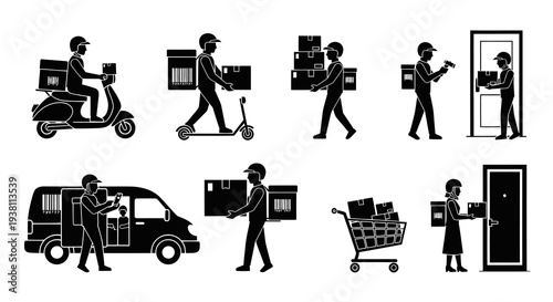 Delivery Service Icons: Courier  Logistics Pictograms in Black and White Glyph Art