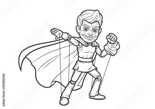 Black and white line art of a string puppet resembling a superhero