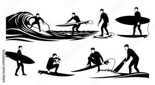 Black  White Vector Art of Surfers on Waves, Sports Graphics