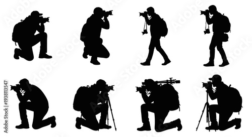 Silhouette Photographers Diverse Poses Stock Vector Art